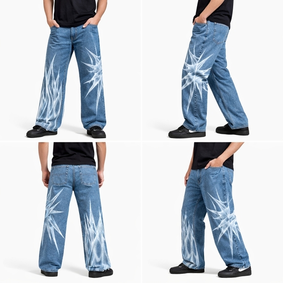 MENS CROWN OF THORNS WIDE LEG BAGGY JEANS SIZE 36x32 HAND PAINTED by DELIRIA - Picture 2 of 5